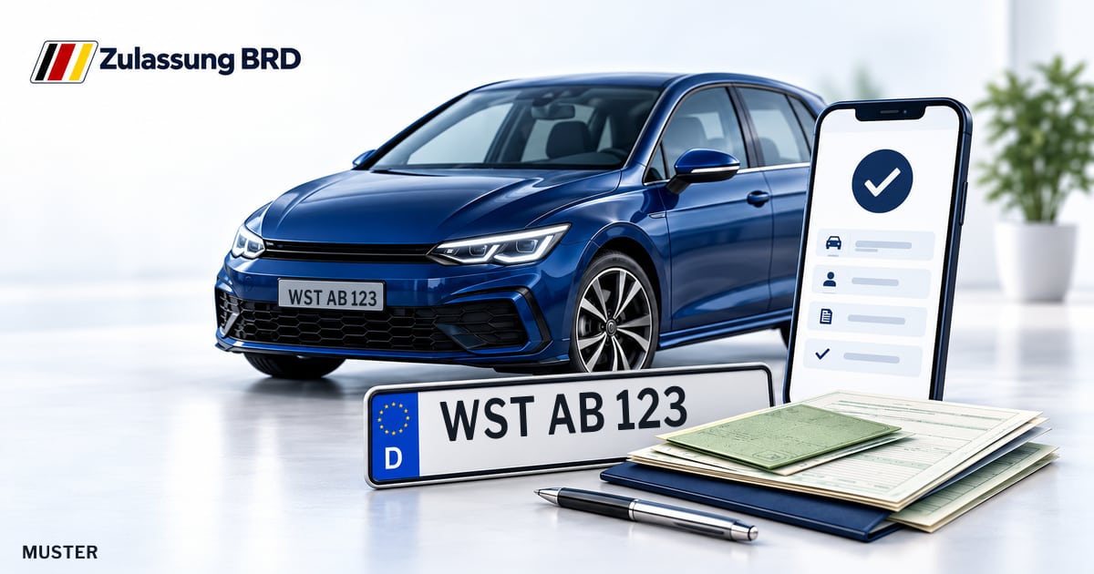 Online Fahrzeugzulassung in Wiefelstede: Musterkennzeichen WST AB 123, Auto und Fahrzeugpapiere und Smartphone. Illustration mit Logo von Zulassung BRD.